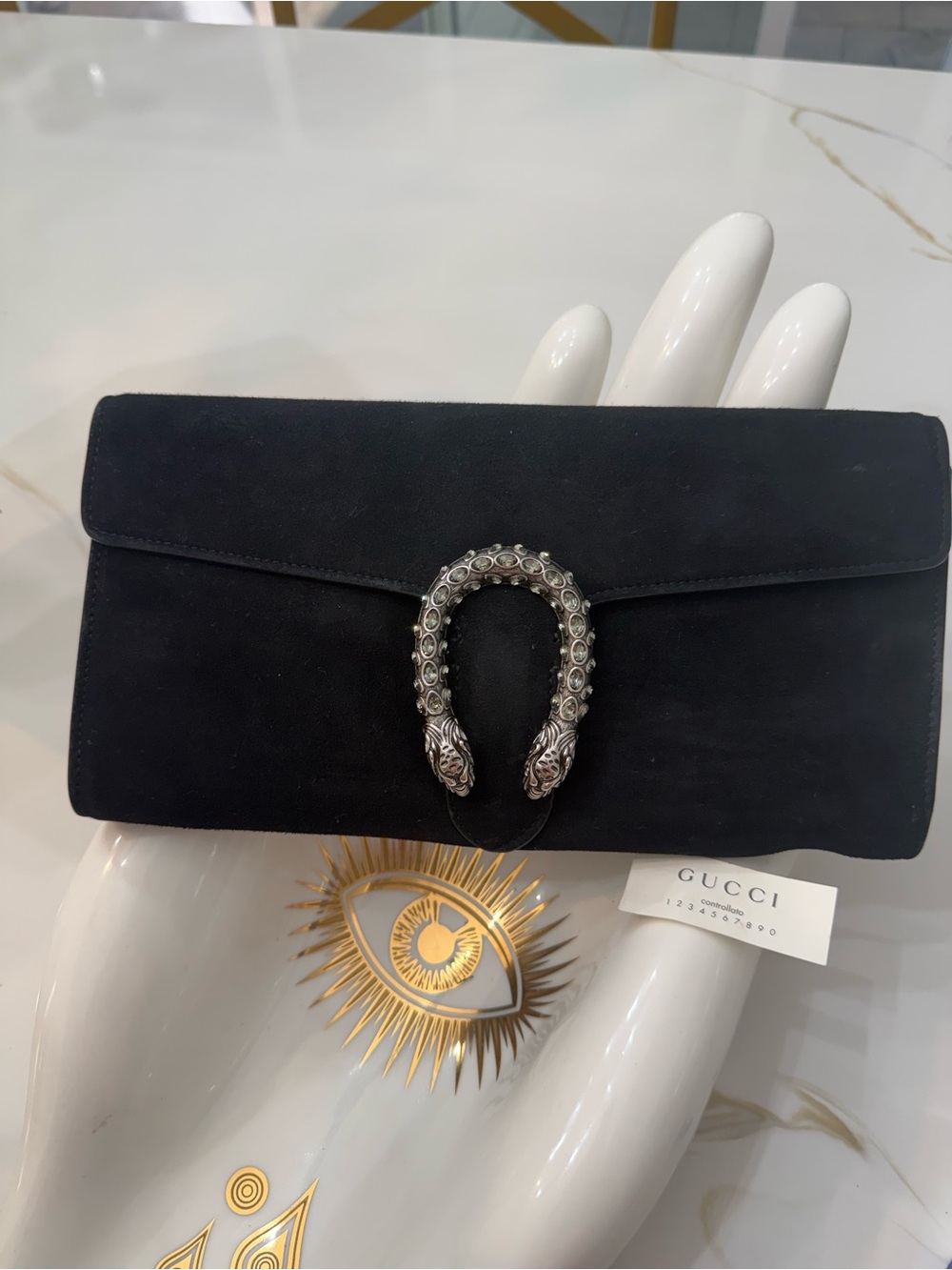 Gucci Black Suede Dionysus Clutch with Silver-Tone Horsebit